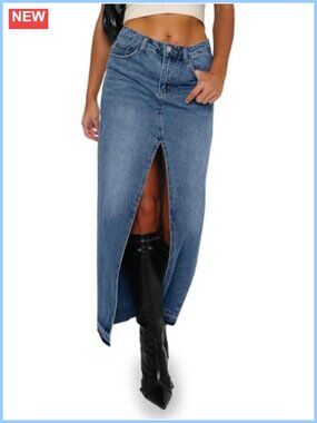 New Women's 100% Cotton Denim Long Maxi Skirt High Waisted Split Jean